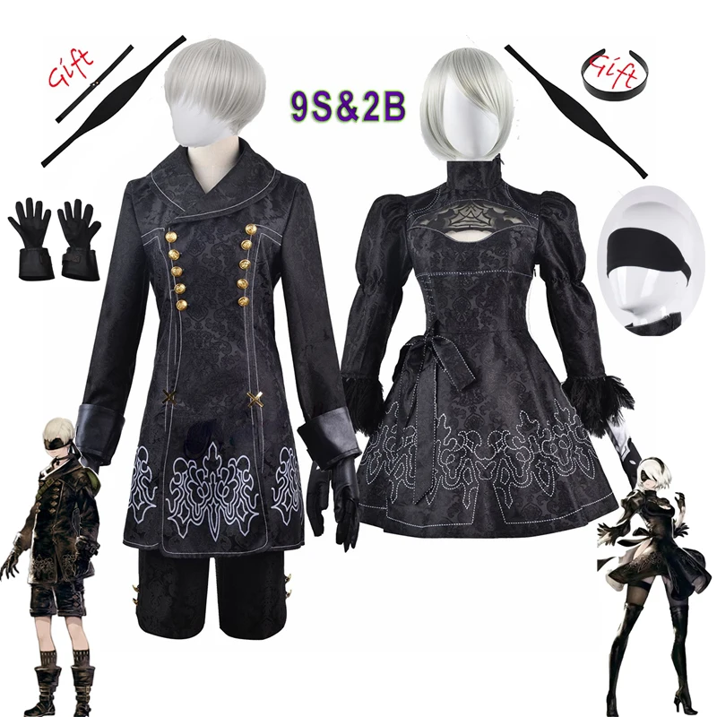 Anime Nier Automata 코스프레 9S Yorha 2B 코스프레 정장 남성 여성 의상 가발 변장 의상 플러스 사이즈 멋진 파티 블랙 드레스