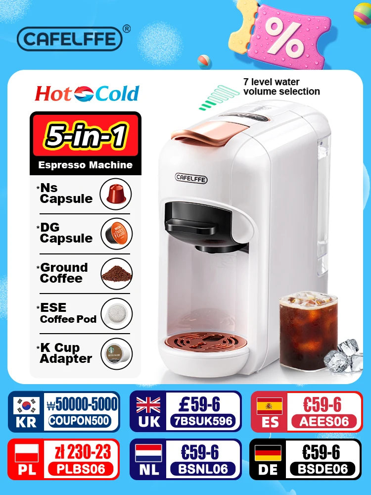 Cafelffe 5in1 멀티 캡슐 커피 머신 DG 카푸치노, Nes 캡슐, ESE 포드, 분쇄 커피 호환, 사랑하는 사람, 아빠, 엄마를 위한 선물. 핫/콜드 추출 커피, 19바 고압 추출, 7단계 물량 선택.