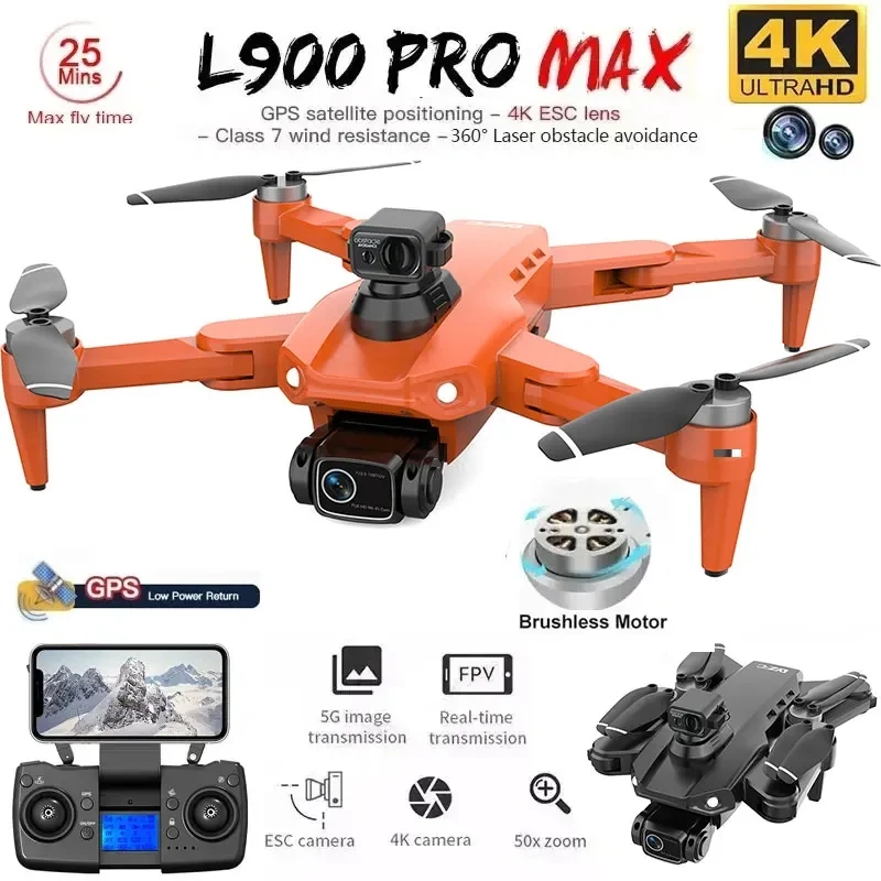 L900 Pro MAX GPS 드론 4K 전문 HD 듀얼 카메라 5G 와이파이 360 °   장애물 회피 브러시리스 접이식 쿼드콥터 RC 드론 장난감