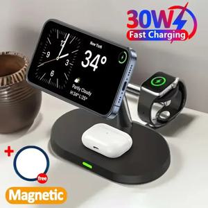 30W 3 In 1 자기 무선 충전기 스탠드 iPhone 16 15 14 13 Pro Max Apple Watch 8 7 Airpods Pro 용 고속 충전 도킹 스테이션