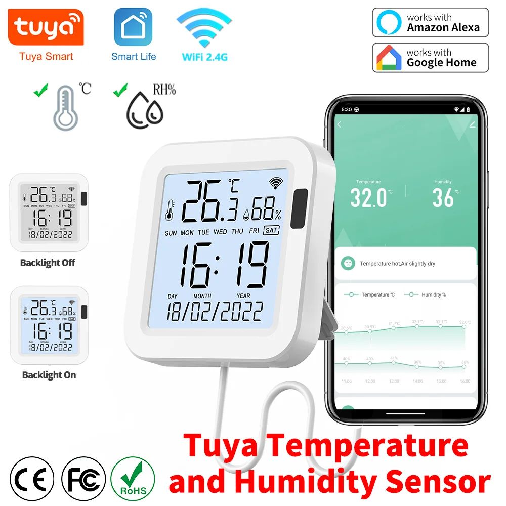 스마트 홈용 백라이트가 있는 Tuya 온도 및 습도 스마트 센서 var WiFi SmartLife Alexa Google Assistant와 함께 작동