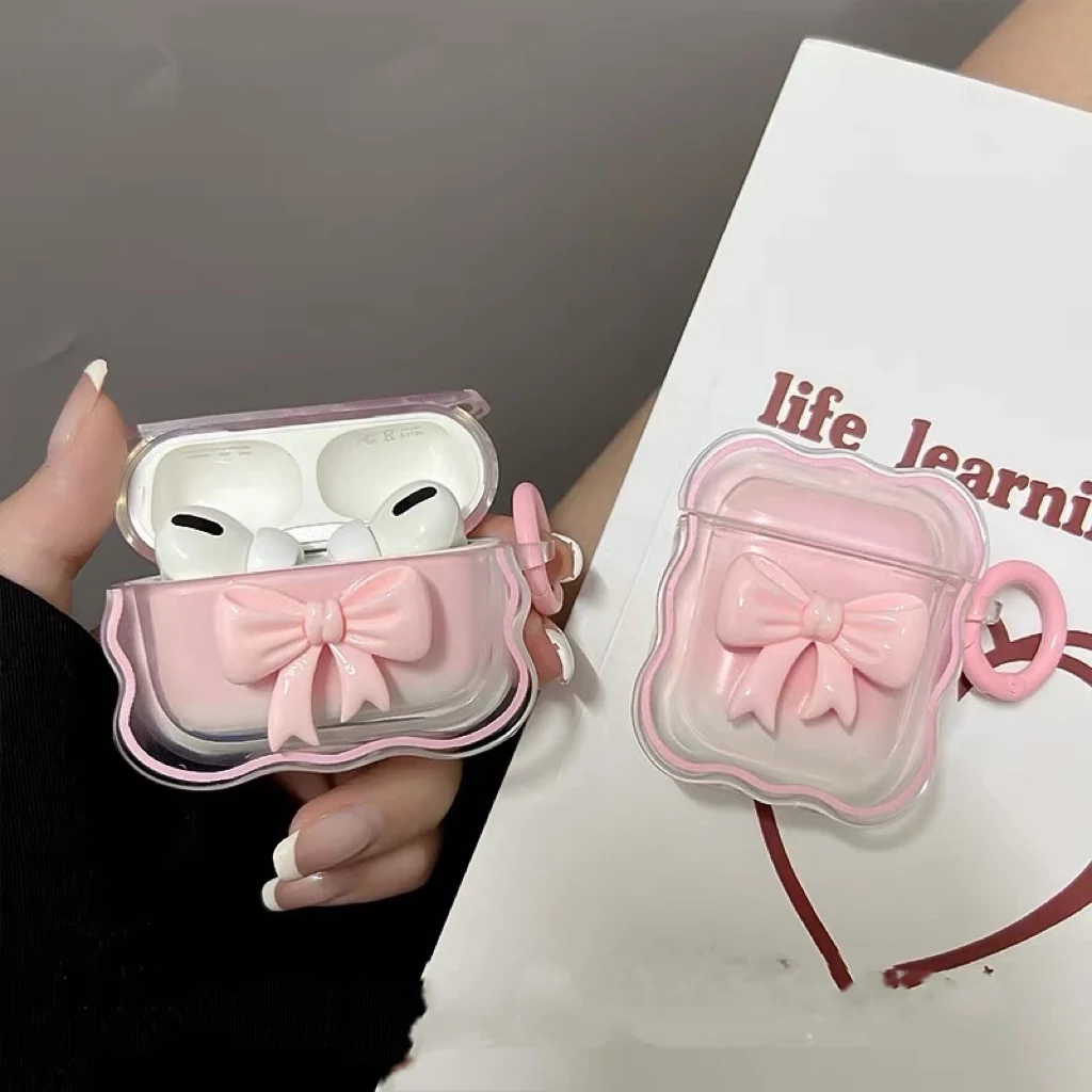 Apple AirPods 1 2 케이스 용 3D 보우 웨이브 케이스 키 체인이있는 AirPods Pro 무선 박스 용 핑크 꽃 소녀 커버