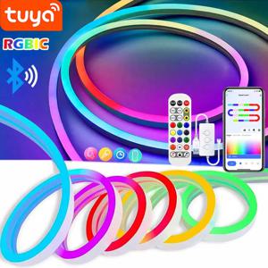 TUYA 네온 LED 스트립 조명, 음악 동기화 기능, 방 RGBIC 드림컬러 체이싱 스트립 테이프 포함, 5V 네온 로프 조명, 72LEDs/m 실리콘