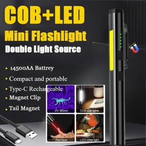 LED COB 미니 손전등 다기능 4 조명 모드 램프 유형-C 충전식 14500 배터리 강력한 자기 클램프 작업 조명