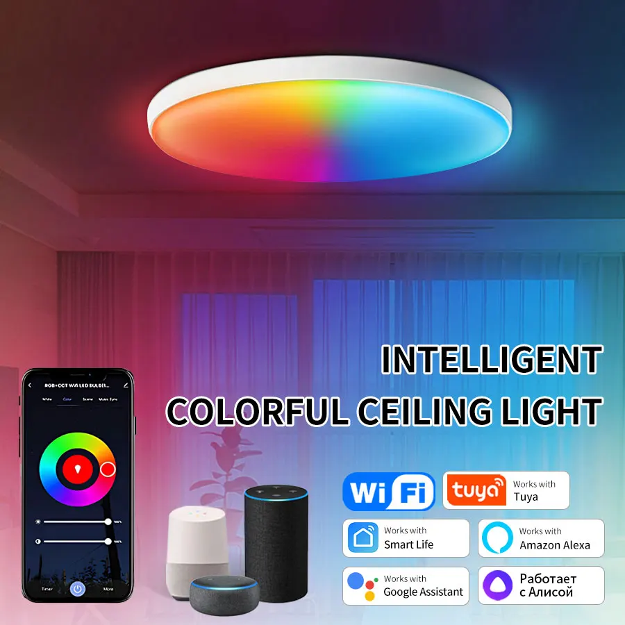 Tuya 스마트 WiFi 천장 조명 24W 220V RGB 원형 주변 램프 APP 제어 침실 홈 장식을위한 Alexa Google 홈과 함께 작동