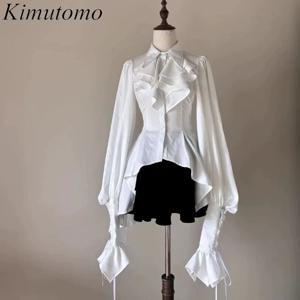 Kimutomo 여성용 JK 셔츠, 일본 빈티지 로리타 불규칙 블라우스, 레이스 붕대 플레어 슬리브 러플, Y2k 미적인 카와이 상의