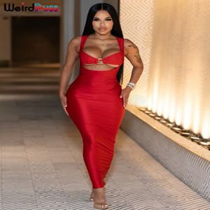 이상한 Puss 섹시한 백 레스 파티 드레스 중공 스키니 민소매 로우 넥 링 걸쇠 세련된 생일 연회 Rave Bodycon Vestidos