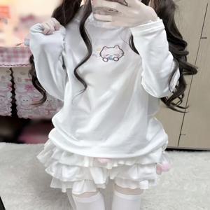 HOUZHOU Kawaii Cuteore Sweet 후드 티 여성 일본 Y2k 하라주쿠 레이스 패치 워크 만화 자수 슬림 스웨트 소프트 소녀