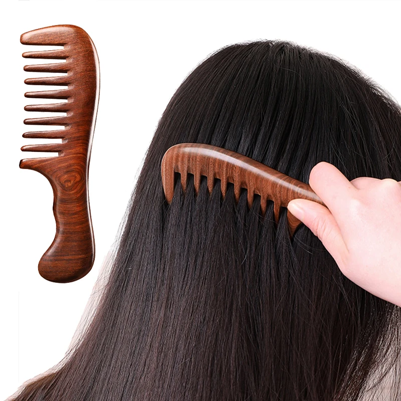 천연 백단 머리 빗 정전기 방지 나무 빗 마사지 긴 넓은 치아 Detangle 백단 빗 헤어 케어 가정용 선물