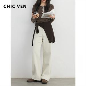 CHIC VEN 여성 데님 바지 하이 웨이스트 코튼 능직 여성 흰색 청바지 슬림 와이드 레그 팬츠 롱 팬츠 봄 가을 2024