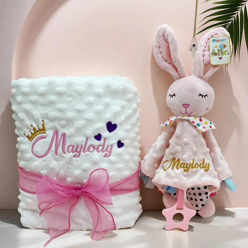 개인화 된 장식 Doudou 담요 세트 Swaddle 유모차 유아용 침대 잠자는 커버 아기 출생 선물 신생아 샤워 선물