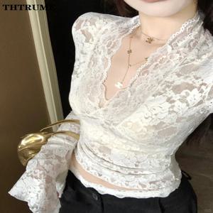 섹시한 v 넥 쉬어 티셔츠 패션 여성 플레어 긴 소매 봄 레이스 슬림 풀오버 탑 캐주얼 이브닝 파티 클럽 세련된 티셔츠