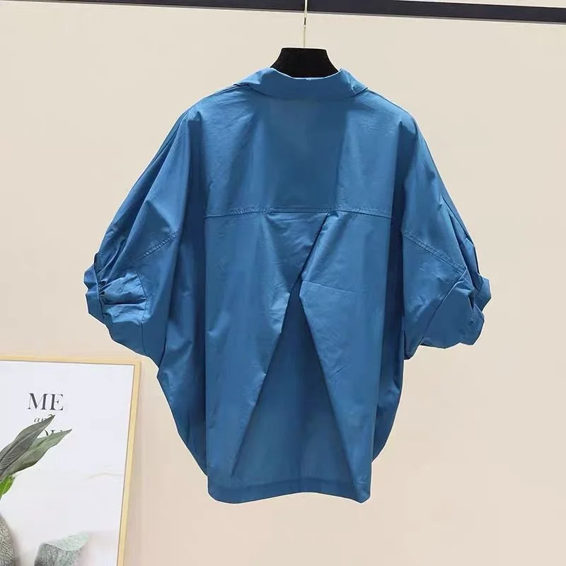 여름 새로운 느슨한 캐주얼 여성 셔츠 Batwing 슬리브 허리 Cinched 짧은 소매 탑 폴리 에스터 섬유 순수한 색상 유행
