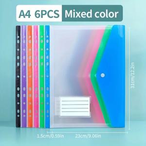 1pc/6pcs 스냅 클로저 및 라벨 포켓이있는 A4 플라스틱 지갑 파우치 학교 홈 오피스 용 확장 가능한 바인더 모듬 색상