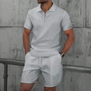 여름 남성 정장 솔리드 컬러 와플 옷깃 슬림 피트 캐주얼 패션 지퍼 업 반소매 셔츠 정장 반바지 두 세트