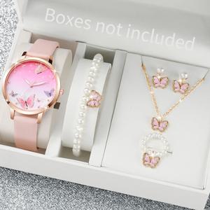 여성용 패션 쿼츠 시계, 여성용 시계 핑크, 나비 다이얼, 가죽 손목 시계, Montre femme (상자 없음), 6PCs/세트