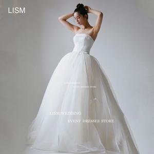 LISM 우아한 Strapless 라인 한국 웨딩 드레스 요정 Tulle 활 신부 가운 사진 촬영 민소매 맞춤형 신부 드레스