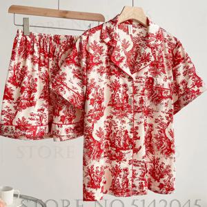 여름 여성 짧은 소매 잠옷 세트 반바지 Loungewear 섹시한 인쇄 새틴 Nightwear Pijamas 정장 느슨한 잠옷 Pour Femme Homewear