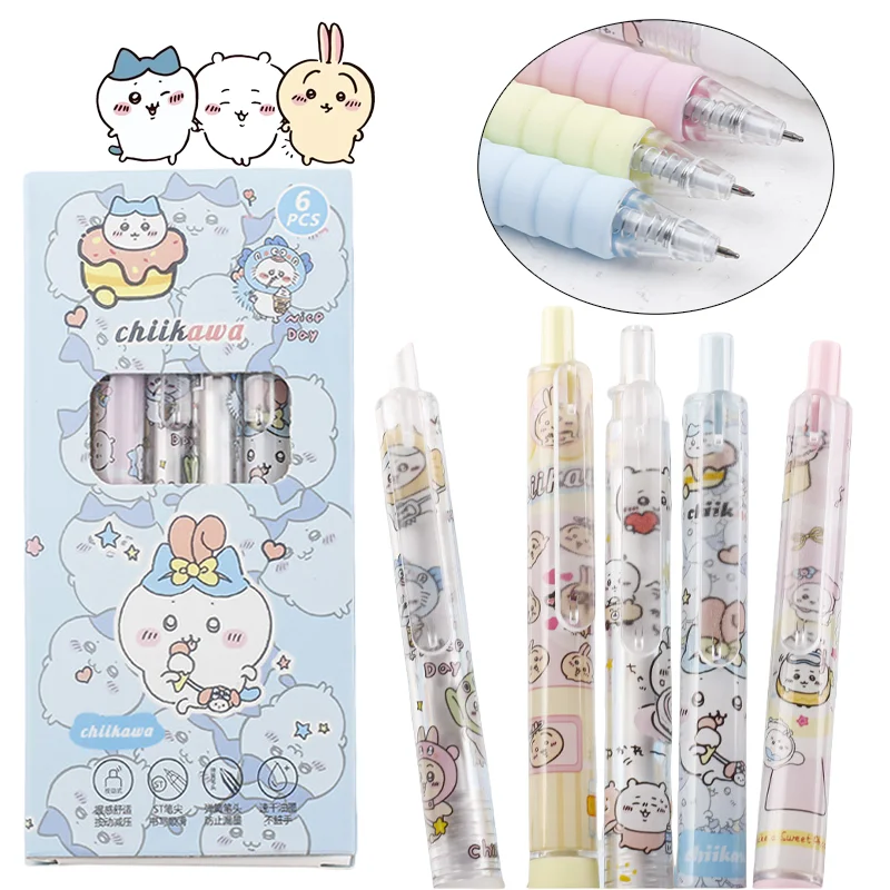 6pcs Chiikawa 젤 펜 Kawaii 0.5mm 검은 볼펜 만화 학생 쓰기 도구 학교 사무용품 편지지 선물
