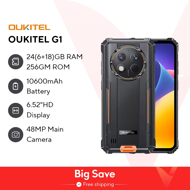 Oukitel G1 견고한 스마트폰, 안드로이드 6.52 인치, 10600mAh, 24GB + 256GB, 안드로이드 14, 48MP HD + 카메라 휴대폰