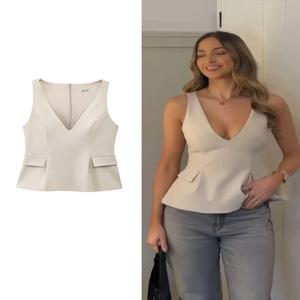 TFMLN 여성 솔리드 스커트 밑단 탑 봄 여름 패션 세련된 민소매 v 넥 플립 포켓 셔츠 Sweet Lady Causal Tops