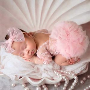 Ylstee 원형 폴카 도트 신생아 사진 Romper with Bow Headband 아기 소녀 Photoshoot 복장 1 개월 유아 사진 소품