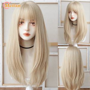 MEIFAN 합성 롱 스트레이트 로리타 가발 (Bangs 포함) 가발 소녀 귀여운 옹 브르 핑크 금발 블랙 코스프레 파티 할로윈 하라주쿠 가발