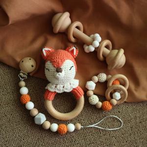아기 딸랑이 크로셰 엘크 여우 곰 Teether 딸랑이 종, 신생아 몬테소리 교육 장난감 나무 반지, 아기 장난감