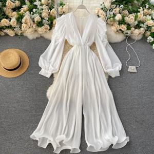 여성용 프릴 와이드 레그 드레이프 플레이수트, 섹시한 플리츠 롬퍼, 단색 퍼플, 블랙, 화이트, 가을 2021, 신상