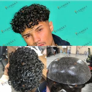 감지할 수 없는 Afo Man Jet Black 18mm 곱슬 마이크로 스킨 베이스 남성 Toupee 천연 헤어라인 남성용 곱슬 인간 모발 보철 시스템