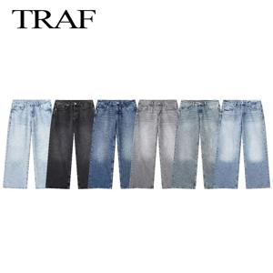 TRAFZA 여성 패션 데님 청바지 솔리드 루즈 롱 바지 여성 그라디언트 다목적 캐주얼 streetwear Mujer Baggy Trousers