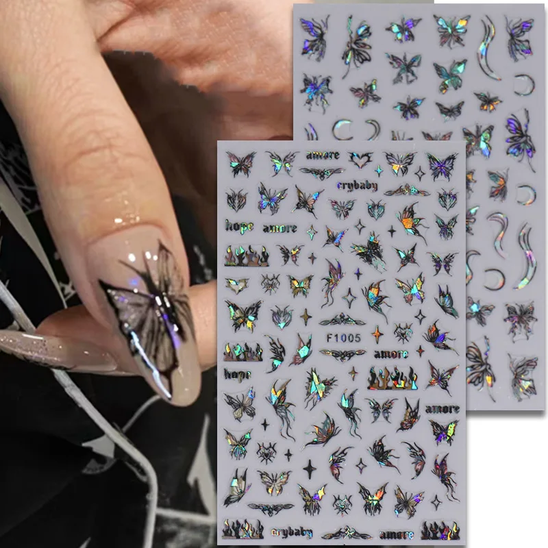 1PCS 블랙 화이트 나비 레이저 네일 스티커 Y2K 네일 아트 장식 추상 라인 손톱에 대 한 브론 징 꽃 스티커