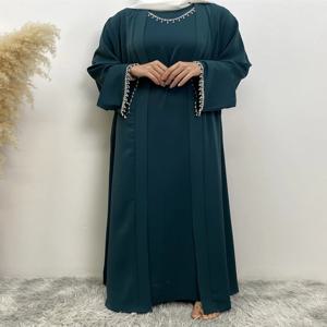 Eid 이슬람 Abaya 여성 2 피스 세트 내부 드레스 다이아몬드 기모노 카디건 라마단 Abayas Kaftan 두바이 긴 가운 Vestidos Largo