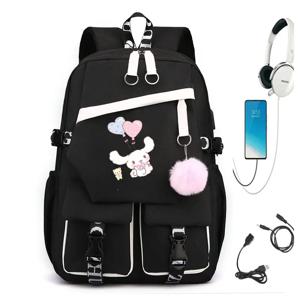 MINISO USB 여아용 배낭 멜로디 학교 책 가방, 쿠로미 십대 여성 남성 여행 가방, 노트북 헤드폰 포트, 선물