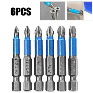 6Pc 비트 세트 합금강 50mm 충격 방지 미끄럼 방지 자기 크로스 팁 PH1/PH2/PH3/PZ1/PZ2/PZ3 1/4 