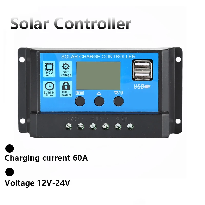 솔라 충전 컨트롤러 60A 12V/24V 전압 조정기 PWM 솔라 충전기 LCD 디스플레이 듀얼 USB가있는 솔라 패널 광전지 홈