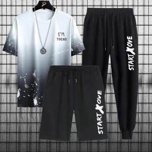 남성용 아이스 실크 쿨 쓰리피스 세트, 캐주얼 스포츠 세트, 패턴 스타일, 여름 신상
