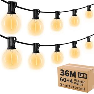 G40 LED 36m 실외 스트링 조명(플라스틱 전구 64개 포함) 정원, 결혼식, 파티, 테라스용 부착 가능한 실외 스트링 조명
