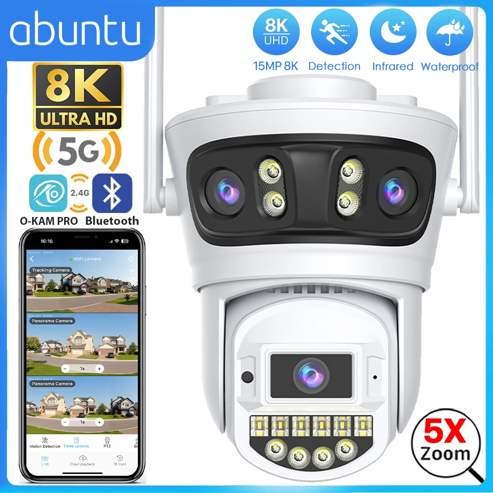 야외 비디오 감시 카메라, 야간 투시경, 인간 감지 보안 캠, 15MP, 8K, 3 렌즈 와이파이 카메라, 3 화면, 2.4G, 5G