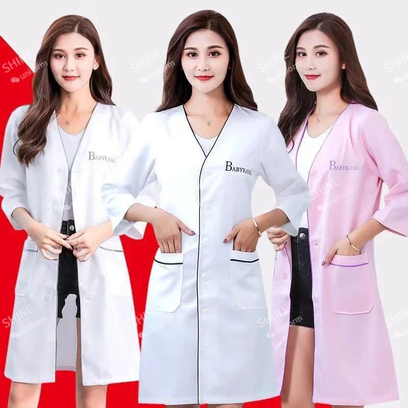 미용 유니폼 미용사 맞춤형 로고스킨 관리자 작업복 스파 유니폼 흰색 반팔 실험실 코트 살롱 스크럽 여성 로고