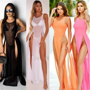 여성을위한 섹시한 메쉬 쉬어 롱 드레스 숙녀 비키니 커버 비치 Sundress 솔리드 시스루 민소매 스트랩 수영복