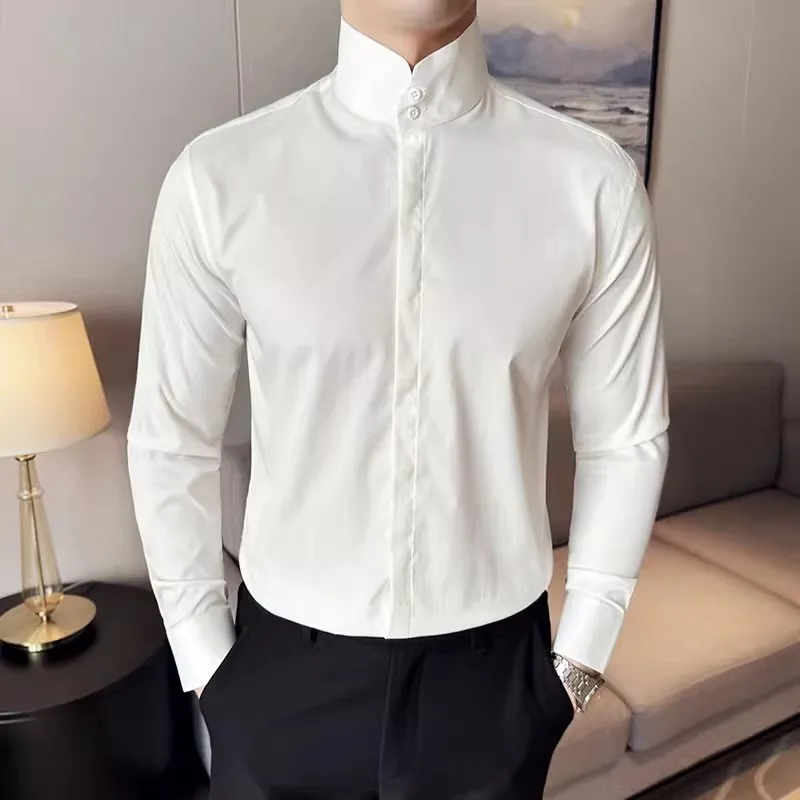 패션 하이 칼라 셔츠 남성 봄 가을 솔리드 컬러 긴 소매 한국 스타일 스마트 캐주얼 셔츠 남성 슬림 피트 스탠드 셔츠