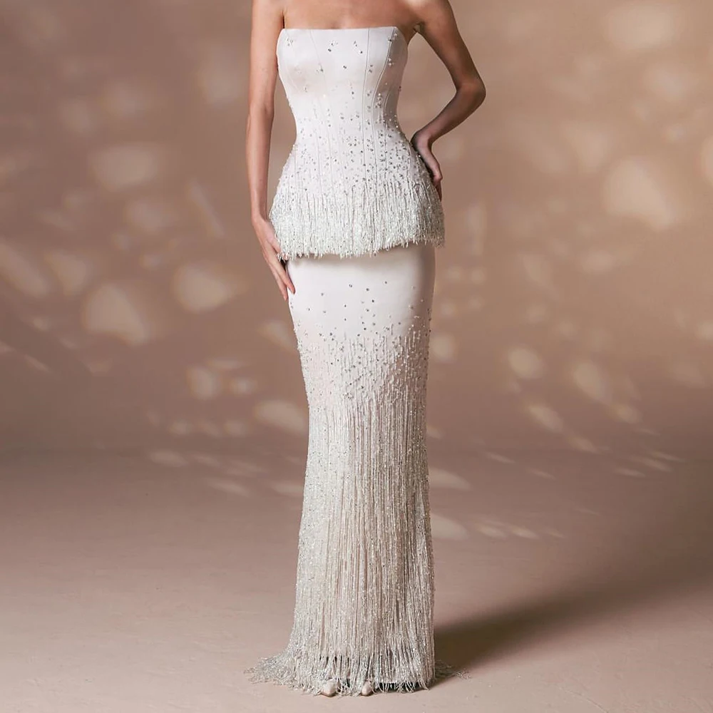 사용자 정의 고품질 크리스탈 저지 스트레이트 이브닝 드레스 섹시한 바닥 길이 Strapless 민소매 레이스 업 뒤로 vestidos de no