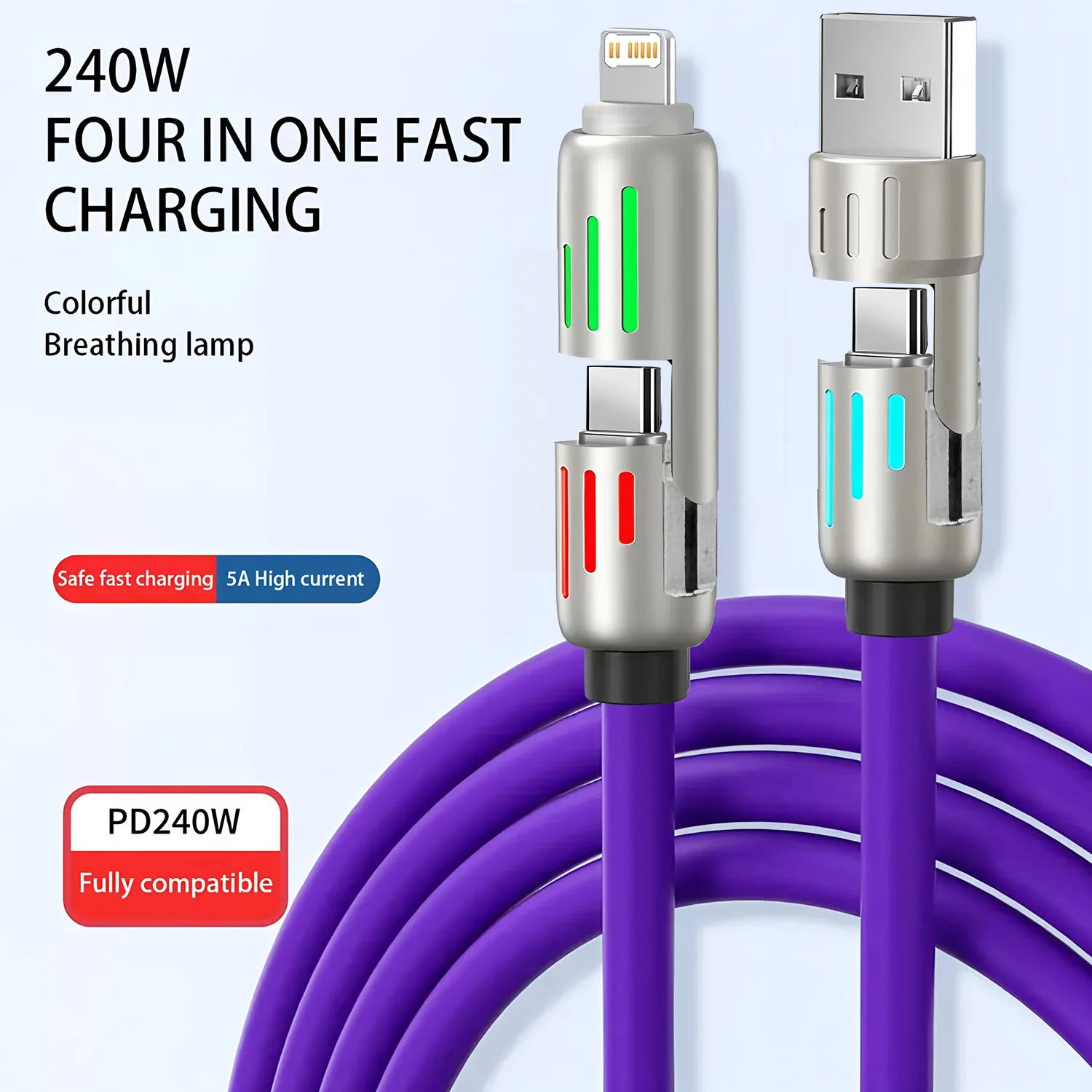 4 in 1 기능성 240W 초고속 충전 USB 유형 C 액체 실리콘 알루미늄 합금 데이터 케이블(iPhone Huawei Samsung Xiaomi용)