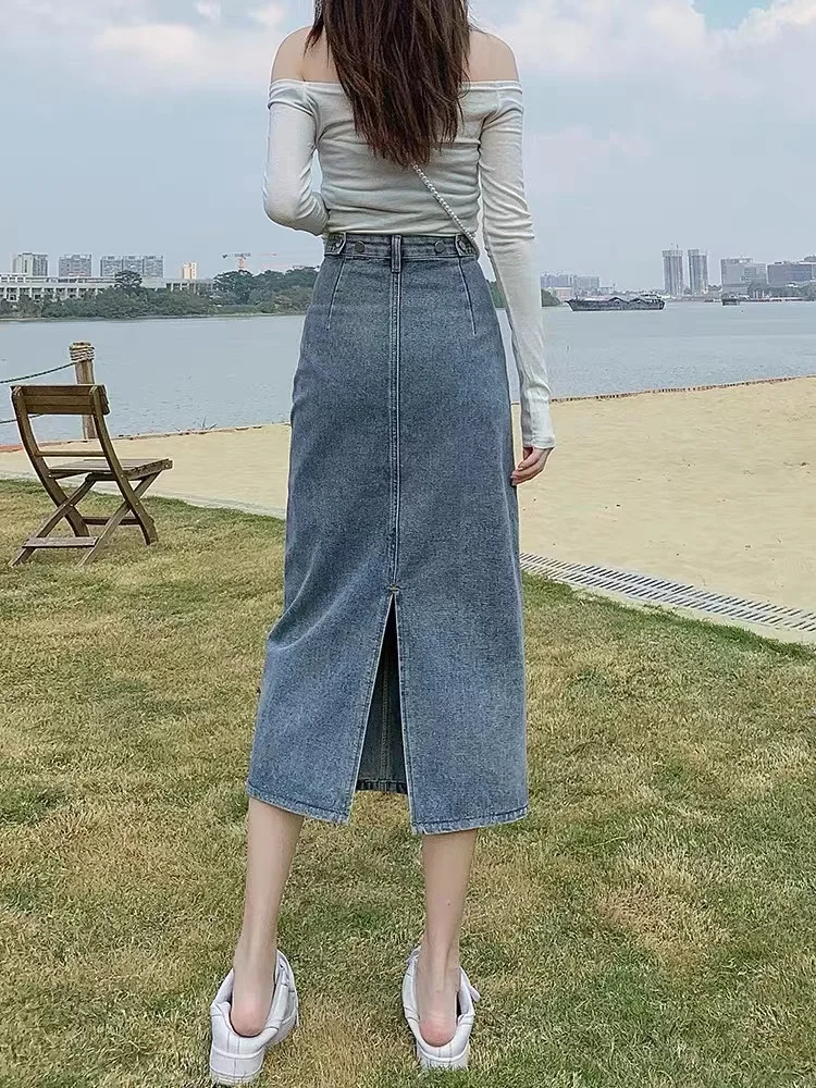여성 데님 미니 스커트 봄 여름 트렌디 슬릿 디자인 빈티지 학생 슬리밍 소형 다목적 개성 랩어라운드