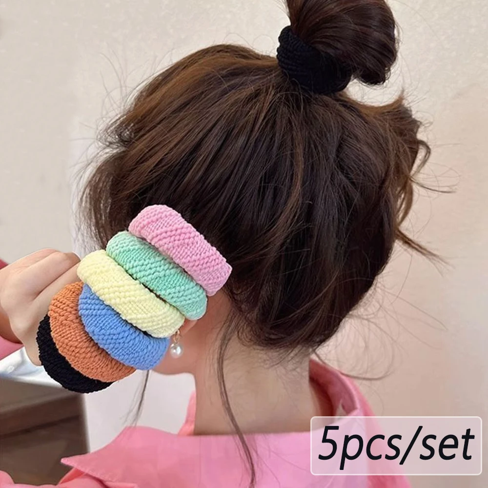 5 개/대 혼합 색상 두꺼운 머리 넥타이 부드러운 원활한 수건 Scrunchies 여자 여자 탄성 손상 없음 포니 테일 홀더 고무 밴드