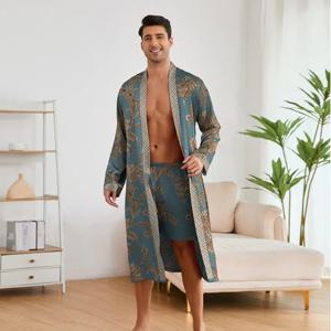 패션 디자인 잠옷 정장 남자 새로운 페이즐리 인쇄 잠옷 긴팔 반바지 목욕 가운 남성 부드러운 얼음 실크 새틴 Nightwear