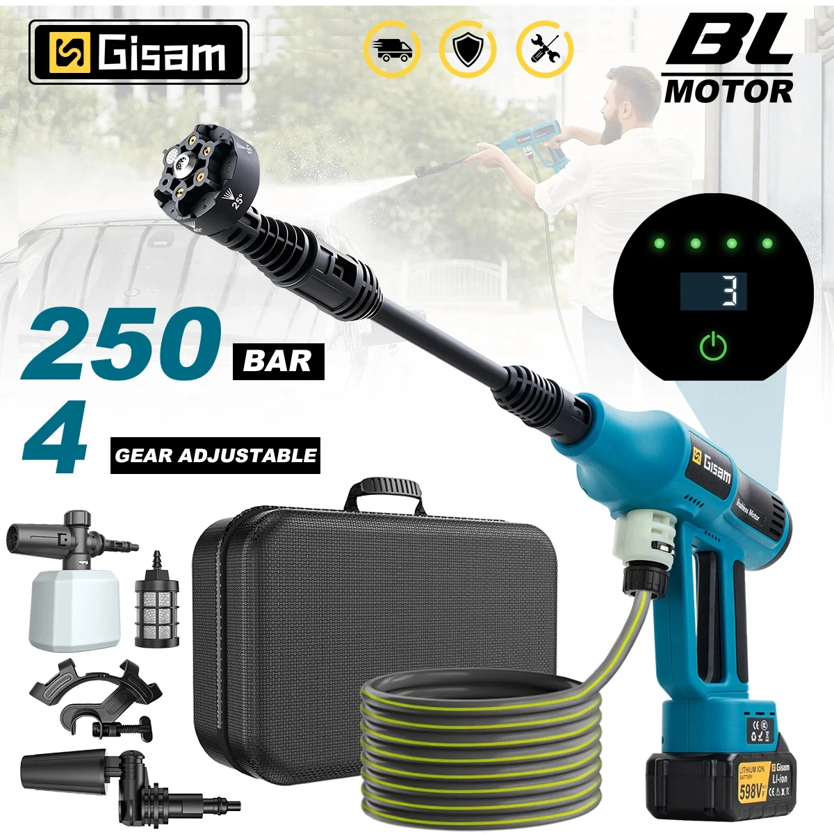 Gisam 250Bar 브러시리스 전기 고압 세척기 총 4 기어 전원 홈 자동차 세척 물 스프레이 건 Makita 18V 배터리 핀