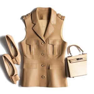 패션 정품 가죽 양피 민소매 자켓 여성 여성 슬림 양복 칼라 포켓 Aiguillette Vest Mujer Chic Waistc