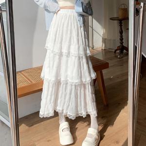 달콤한 레이스 여성 케이크 퍼프 쉬폰 스커트 여름 세련된 Tierred Pleated Hem 솔리드 롱 스커트 한국어 a 라인 하이 웨스트 스커트